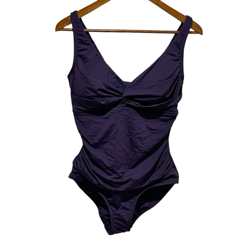 Land's End One Piece Swimsuit M Shirring Detail Purple Removable Cups UPF 50